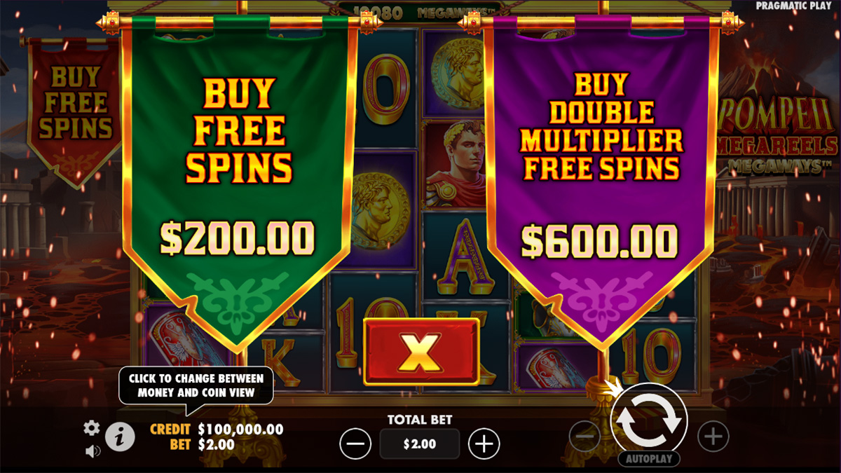 Pompeii Megareels Megaways slot game by Pragmatic Play, buy free spins view